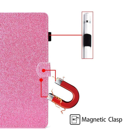 Glitter Leather Flip Case with Holder and Card Slots for Tablets showing pink glitter finish magnetic clasp and stylus loop