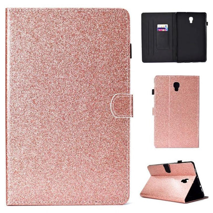 Glitter Leather Flip Case with Holder and Card Slots for Tablets in rose gold, standing and open views with card pockets