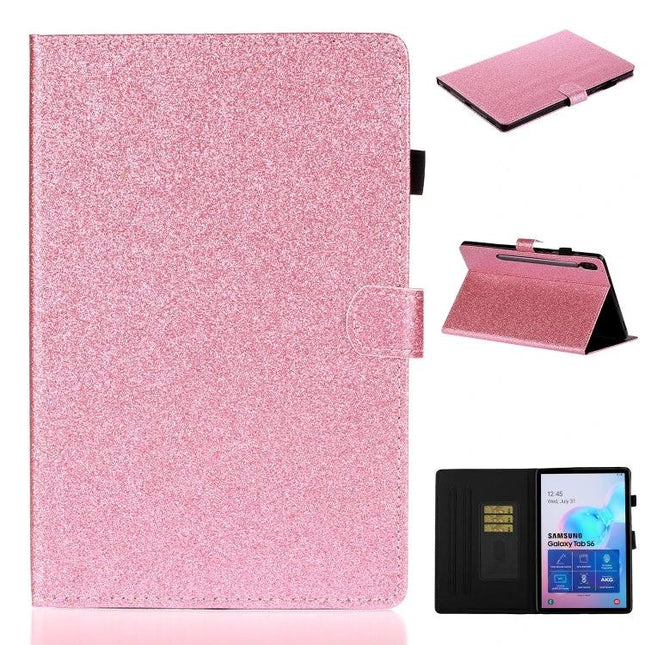 Leather Flip Case with Holder and Card Slot for Galaxy Tab S6 - Pink Glitter Stand Cover with Card Slots