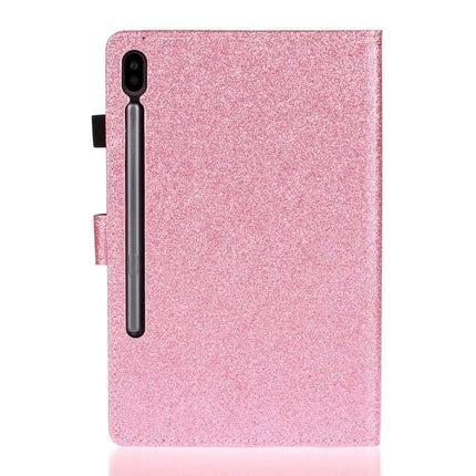 Leather Flip Case with Holder and Card Slot for Galaxy Tab S6 in pink glitter finish, built-in holder and card slot