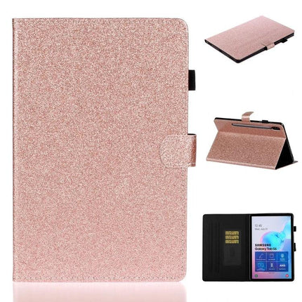 Leather Flip Case with Holder and Card Slot for Galaxy Tab S6 in rose gold glitter, stand holder and card slot, protective folio cover