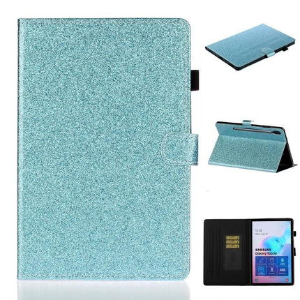 Leather Flip Case with Holder and Card Slot for Galaxy Tab S6 in glitter teal with stand and card pocket
