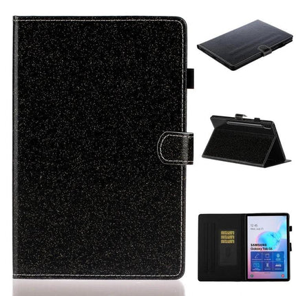 Leather Flip Case with Holder and Card Slot for Galaxy Tab S6 in black glitter finish showing stand and card slots