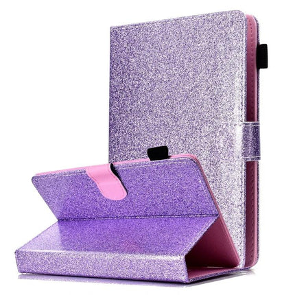 Leather Flip Case with Holder and Card Slot for Galaxy Tab S6 in sparkly purple standing and folded for hands-free viewing