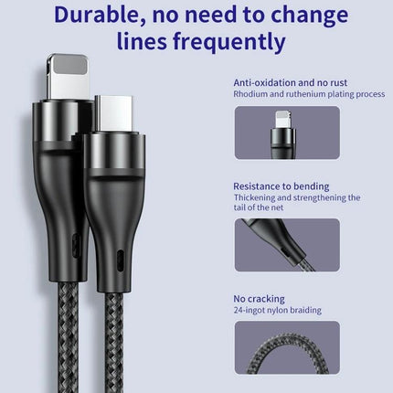 ADC 003 Type C To 8 Pin PD Fast Charging Woven Cable 1m 2m braided Type-C to 8-pin cable showing connectors and durability features