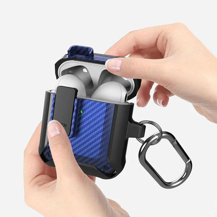 Carbon Fiber Case for AirPods Protection on Daily Commutes in Blue With Keyring Clip