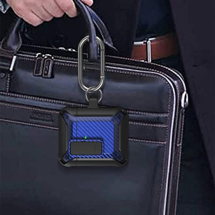Carbon Fiber Case for AirPods Protection on Daily Commutes hanging on briefcase with carabiner, dust and smudge resistant, easy charge access