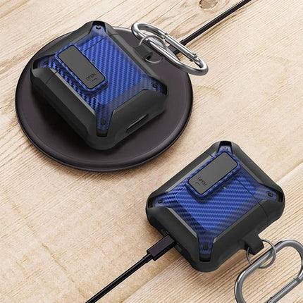 Carbon Fiber Case for AirPods Protection on Daily Commutes — Blue carbon fiber protective AirPods case with keyring and wireless charging access
