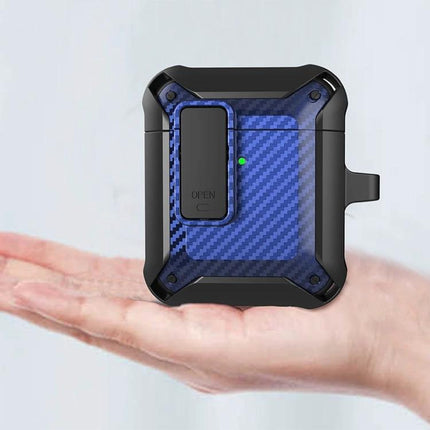 Carbon Fiber Case for AirPods Protection on Daily Commutes - Blue carbon-fiber protective AirPods case with clip, dust-resistant and quick-charge access