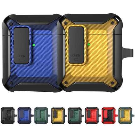 Carbon Fiber Case for AirPods Protection on Daily Commutes showing blue and gold textured protective covers with carabiner clip and charging access