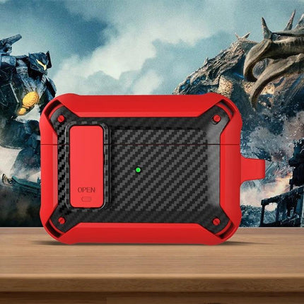 Carbon Fiber Case for AirPods Protection on Daily Commutes, rugged red-and-black carbon fiber AirPods case with quick-access charging port and keyring loop