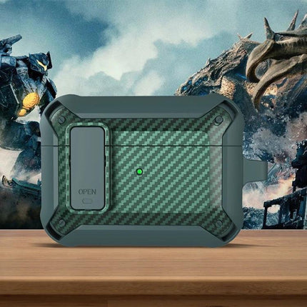 Carbon Fiber Case for AirPods Protection on Daily Commutes shown in green carbon-fiber texture with clip and quick-charge access