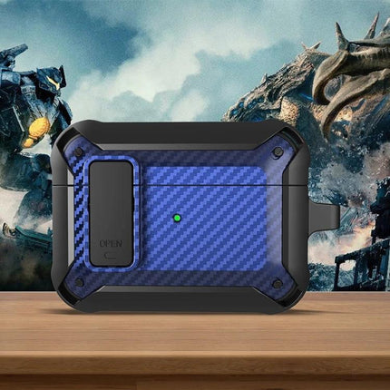 Carbon Fiber Case for AirPods Protection on Daily Commutes in Blue Rugged Design with Quick Access Port and Dust Protection