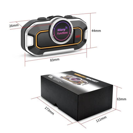 Motorcycle Helmet Intercom For Riders On The Road Daily Use - compact Bluetooth 3.0 intercom with 500m range, dimensions 83x44x26mm and packaging 173x111x63mm