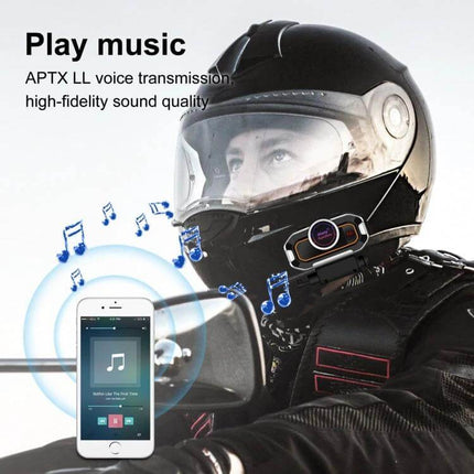 Motorcycle Helmet Intercom For Riders On The Road Daily Use - Bluetooth intercom on black full-face helmet showing phone music and APTX audio