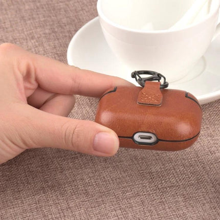 Leather Case for AirPods Pro with Hook for Daily Carry - brown leather protective case with charging port access