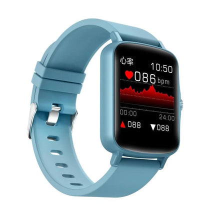 PTone Watch for Everyday Health and Activity Tracking - light blue smartwatch showing heart rate and activity graph on display