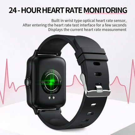 PTone Watch for Everyday Health and Activity Tracking showing 24-hour heart rate monitoring with wrist sensor and black silicone band