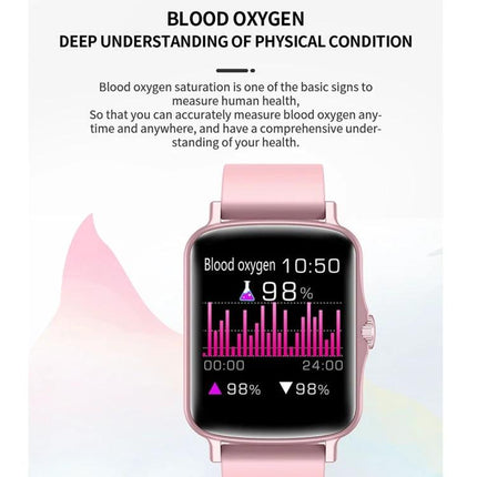 PTone Watch for Everyday Health and Activity Tracking showing blood oxygen 98% on pink smartwatch display with activity graph