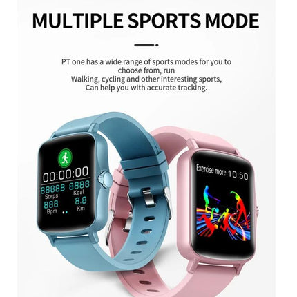 PTone Watch for Everyday Health and Activity Tracking showing blue and pink smartwatches displaying sports modes and activity tracking