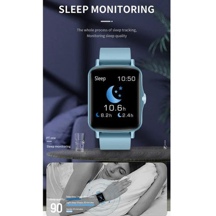 PTone Watch for Everyday Health and Activity Tracking sleep monitoring display showing 10.6h sleep and heart-rate tracking on blue band smartwatch