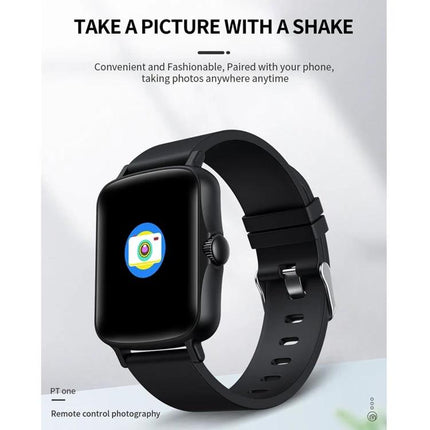 PTone Watch for Everyday Health and Activity Tracking - black smartwatch showing remote camera control icon for easy phone photo capture