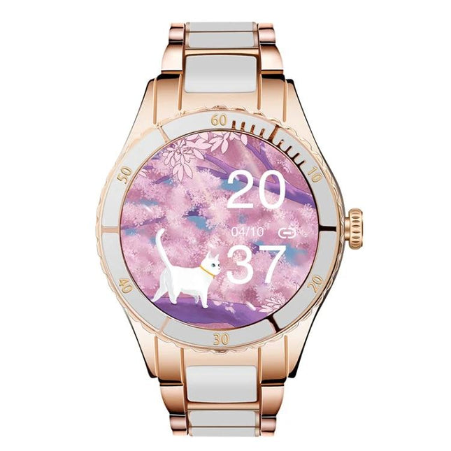 Practical Bracelet for Everyday Health and Wellness Tracking - rose gold smartwatch with floral pink display showing time, heart rate and step icons