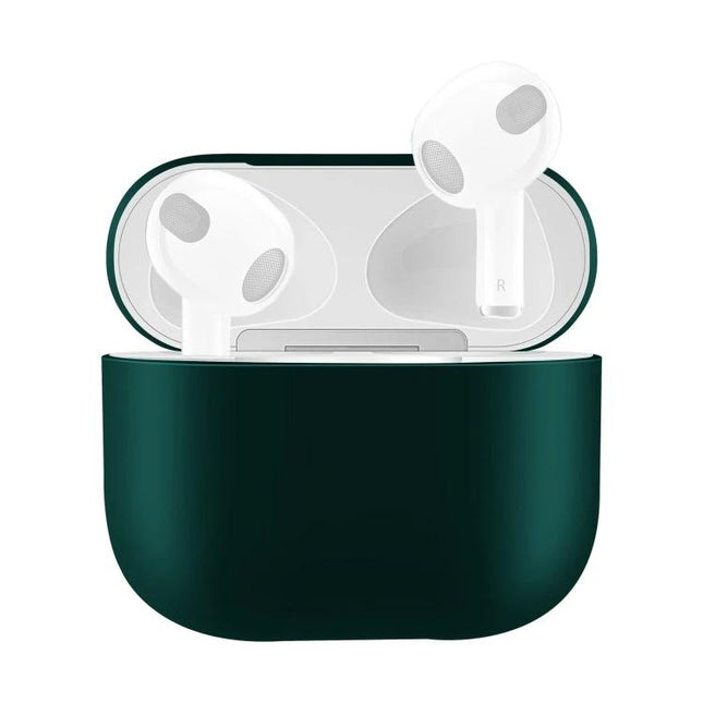 Silicone Protective Case for Daily Earphone Use On the Go dark green case with open lid showing white earbuds, 360-degree protection and accessible charging port