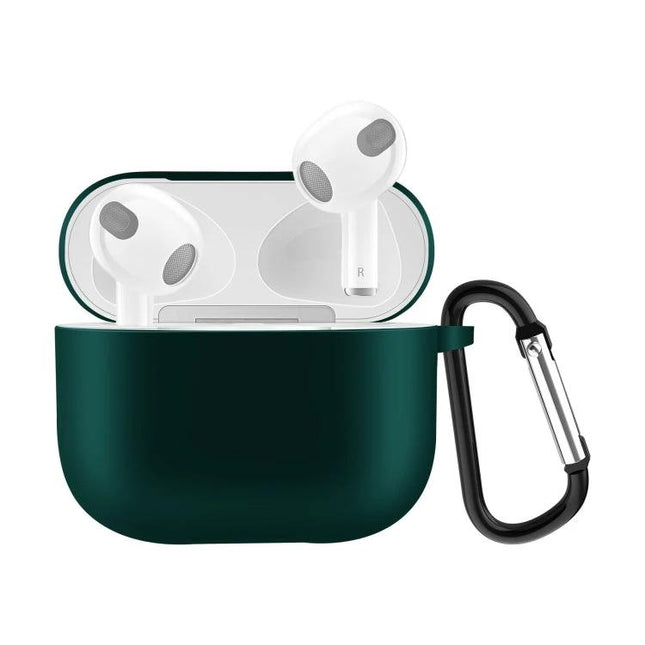 Silicone Case for Protecting AirPods During Daily Activities in Dark Green With Carabiner, 360-Degree Coverage