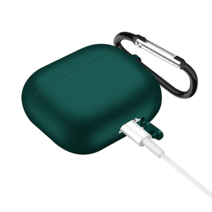Silicone Case for Protecting AirPods During Daily Activities shown in dark green with 360-degree coverage and charging access