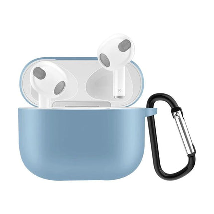Silicone Case for Protecting AirPods During Daily Activities in light blue with carabiner, slim 360-degree protection and easy charging access