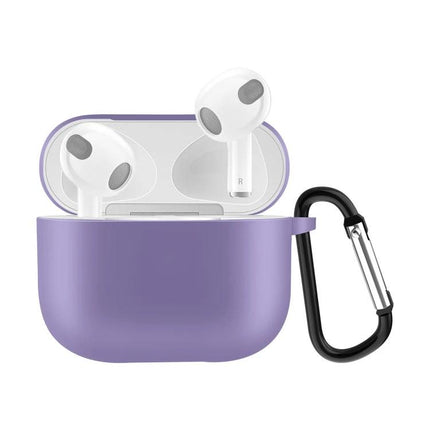 Silicone Case for Protecting AirPods During Daily Activities — slim purple 360° protective cover with carabiner for runs and commutes