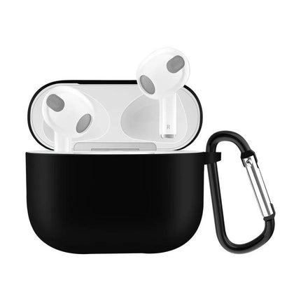 Silicone Case for Protecting AirPods During Daily Activities in slim black with carabiner, 360-degree coverage against drops and sweat, easy charging access