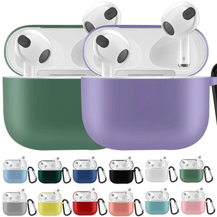Silicone Case for Protecting AirPods During Daily Activities in purple and green showing 360-degree coverage, slim, grab-and-go design