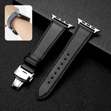 Butterfly Clasp Cowhide Leather Apple Watch Band 38-44mm