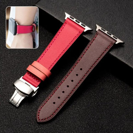 Butterfly Clasp Cowhide Leather Apple Watch Band 38-44mm