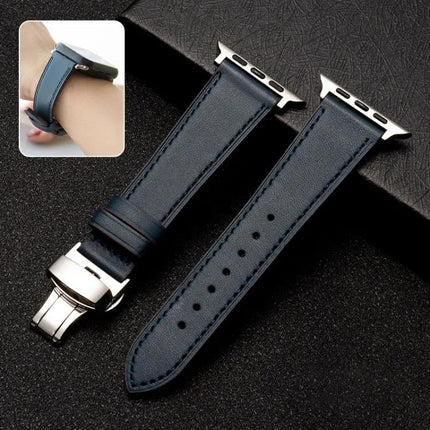 Butterfly Clasp Cowhide Leather Apple Watch Band 38-44mm