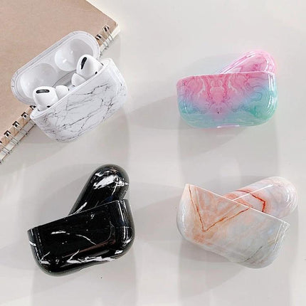 Marble Texture Protective Case for Everyday AirPods Use showing white, black, pink and orange marble designs with AirPods and full-coverage protection
