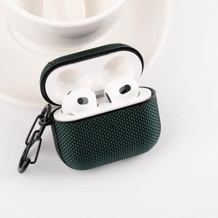 Waterproof Nylon Case for AirPods 3 with Hook for Daily Use - dark green textured protective case clipped to bag with AirPods inside