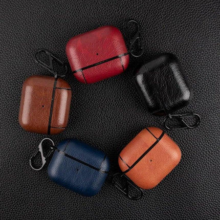 Protective Leather Case for Everyday Earphone Protection showing five colored leather earphone cases with carabiner clips on black background