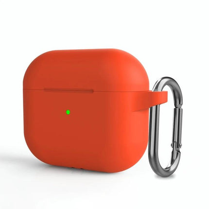 Silicone Case for Everyday Earphone Protection with Hook in bright orange with carabiner attached
