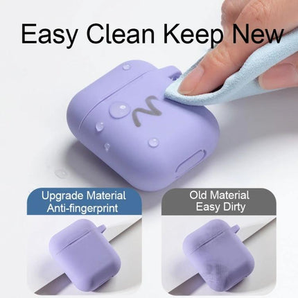 Silicone Case for Everyday Earphone Protection with Hook shown in lavender being wiped clean, water-resistant anti-fingerprint design