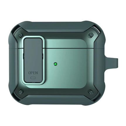 Protective Silicone Case for AirPods in Daily Routines shown in green rugged design with full 360-degree coverage and clip for commuting