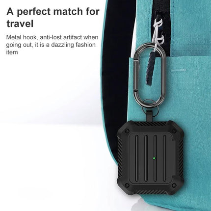 AirPods Protective Case for Daily Travel and Commutes shown clipped to a backpack with metal hook, dustproof compact design for commuting