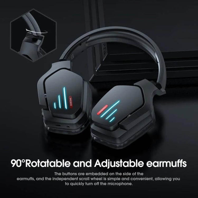 Onikuma Bluetooth Gaming Headset With Mic For PC And Console showing rotatable adjustable earmuffs and LED accents