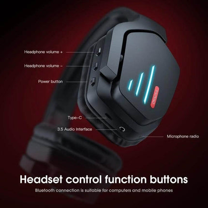 Onikuma Bluetooth Gaming Headset With Mic For PC And Console showing control buttons, Type-C, 3.5mm, mic and volume