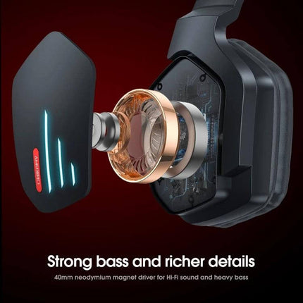 Onikuma Bluetooth Gaming Headset With Mic For PC And Console showing exploded driver, RGB, and padded earcup for strong bass