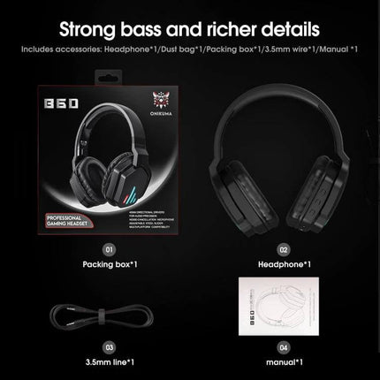Onikuma Bluetooth Gaming Headset With Mic For PC And Console showing headset, box, 3.5mm cable and manual for gaming