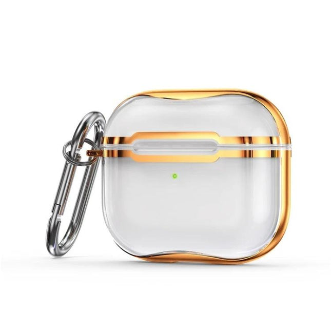 Keep Your AirPods Safe with This Hook Case for Daily Use - clear protective hook case with gold trim and metal carabiner