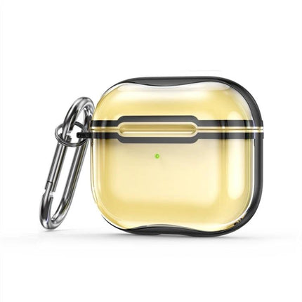 Keep Your AirPods Safe with This Hook Case for Daily Use Yellow translucent hook case clipped to bag ring